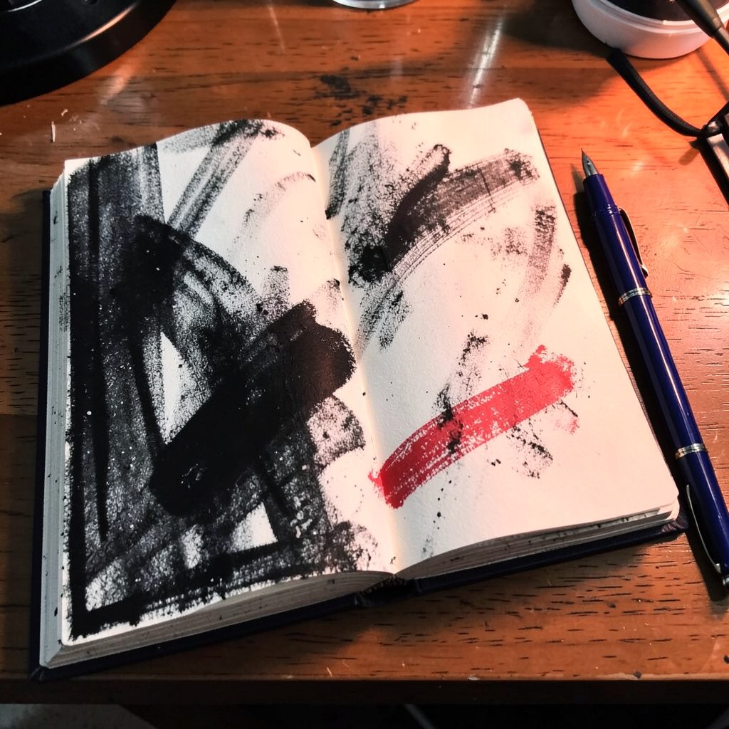 A bold charcoal drawing of an open journal on a wooden desk, warm coral light spilling across the pages, with a navy ink pen resting beside it