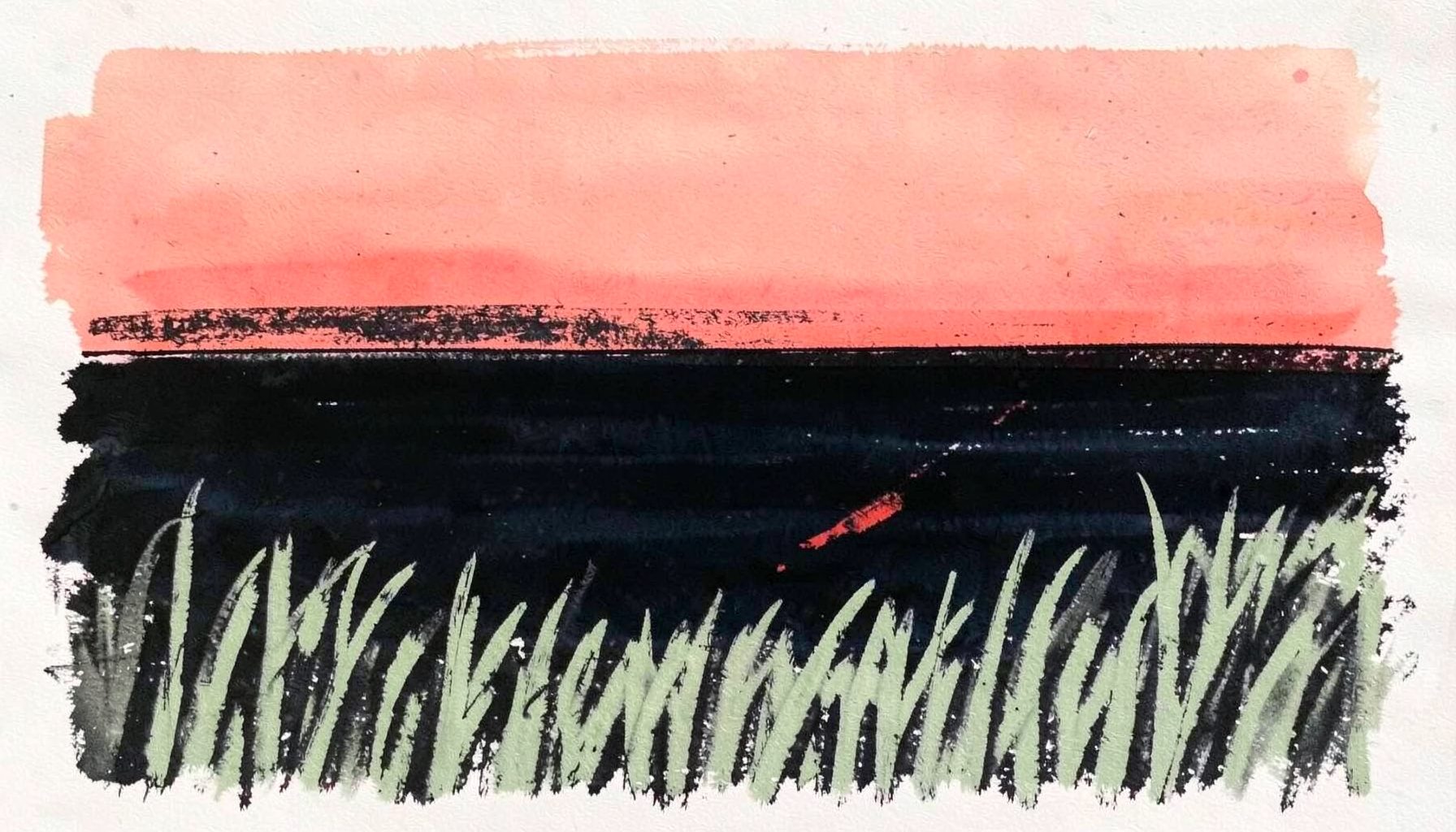 A bold charcoal drawing of a quiet shoreline at dusk, deep navy water meeting a soft coral sky, with gentle sage-green reeds in the foreground