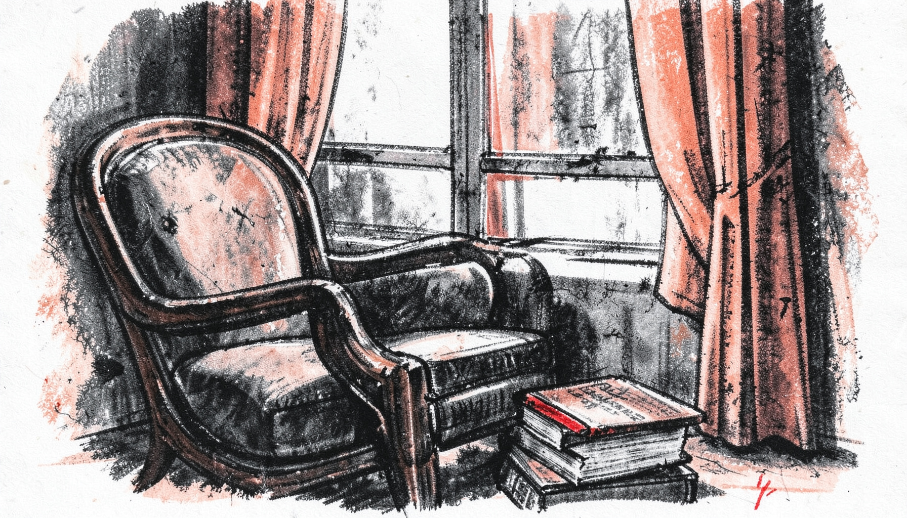 A bold charcoal drawing of a cozy reading nook with a comfortable chair, a stack of books, and warm coral-toned curtains framing a window