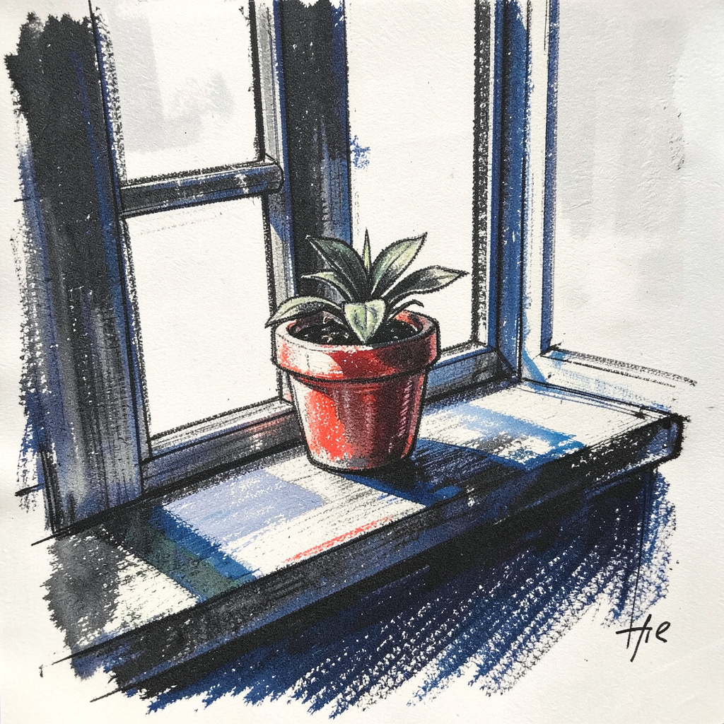 A bold charcoal drawing of a sunlit windowsill with a small potted plant, coral and navy shadows stretching across the sill