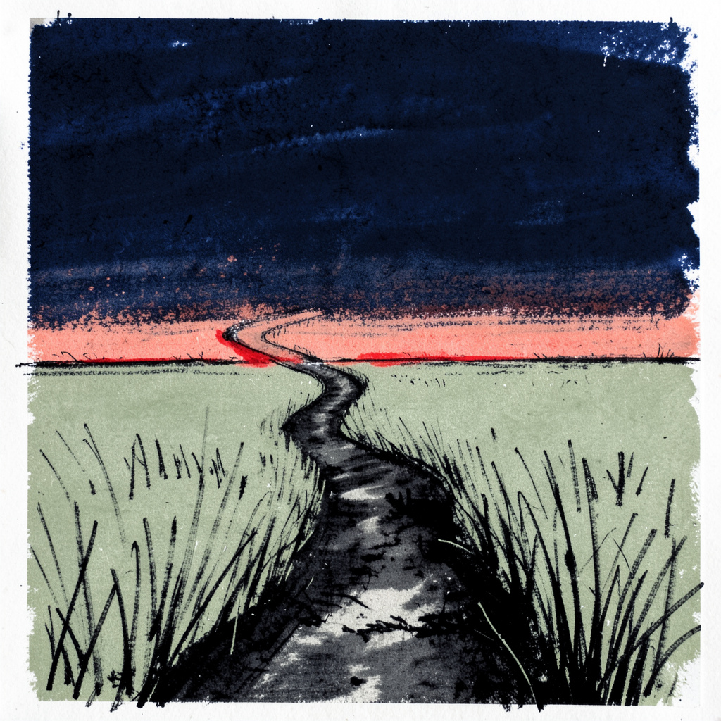 A bold charcoal drawing of a winding path through a sage-green meadow under a deep navy sky, with a warm coral horizon glow
