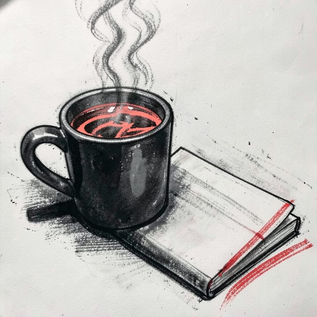 A bold charcoal drawing of a steaming mug beside a notebook, coral reflections dancing on the surface of the drink